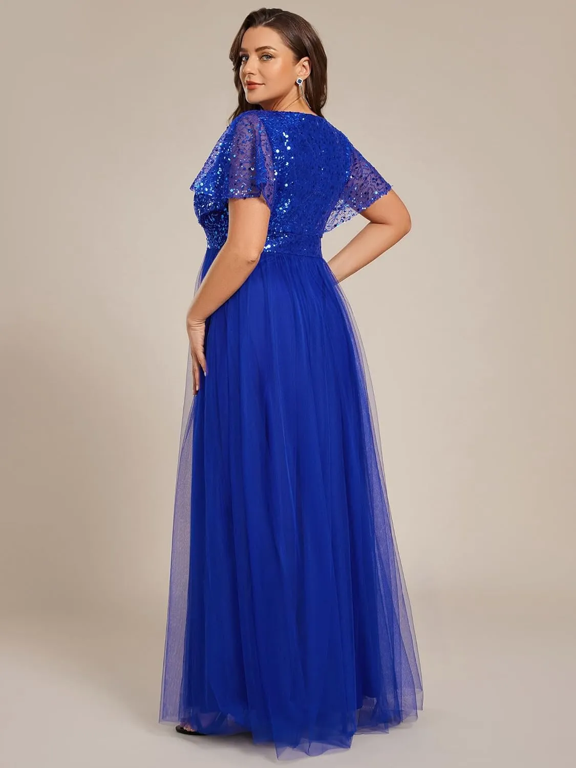 Ever-Pretty Plus Women's V Neck Curvy Short Sleeves A Line Sequin Plus Size Formal Evening Dresses 02223-DA