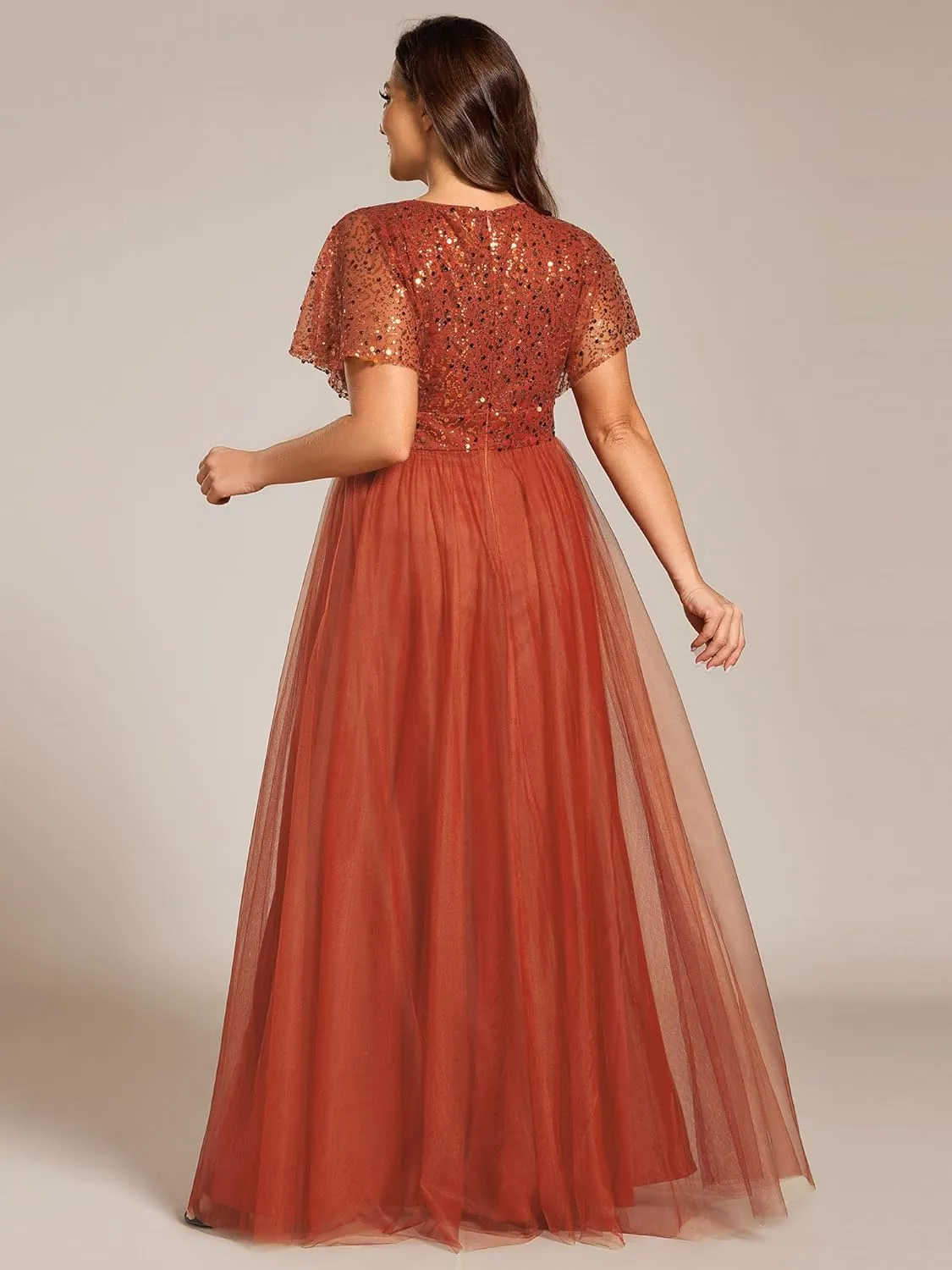 Ever-Pretty Plus Women's V Neck Curvy Short Sleeves A Line Sequin Plus Size Formal Evening Dresses 02223-DA