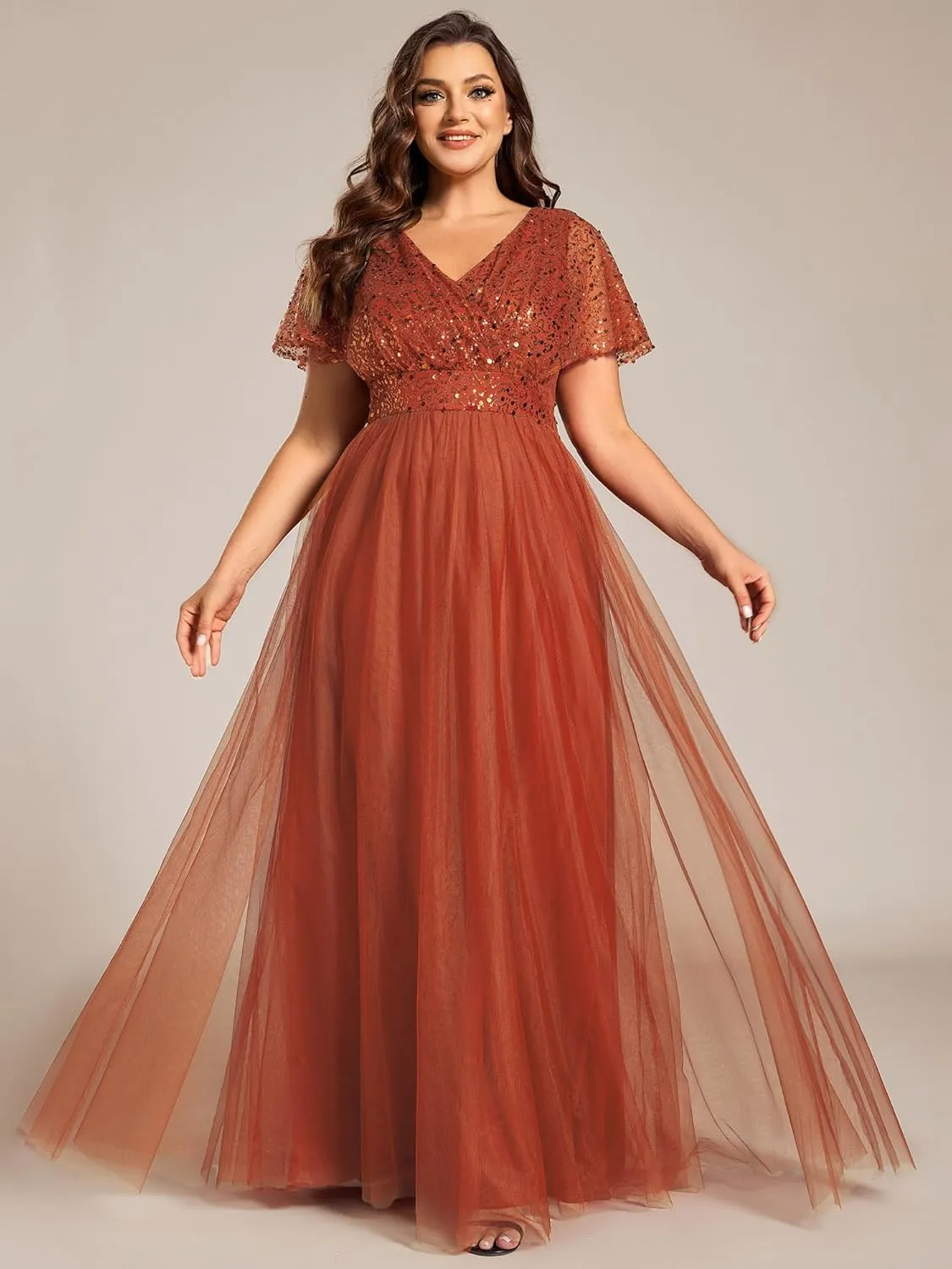 Ever-Pretty Plus Women's V Neck Curvy Short Sleeves A Line Sequin Plus Size Formal Evening Dresses 02223-DA