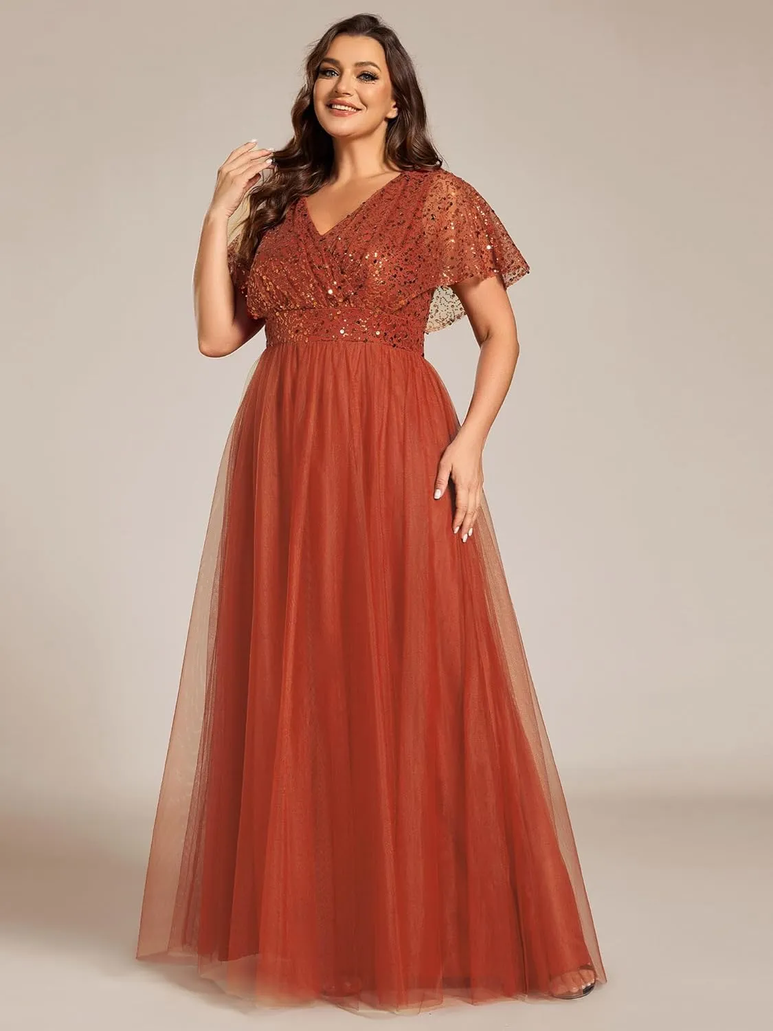 Ever-Pretty Plus Women's V Neck Curvy Short Sleeves A Line Sequin Plus Size Formal Evening Dresses 02223-DA