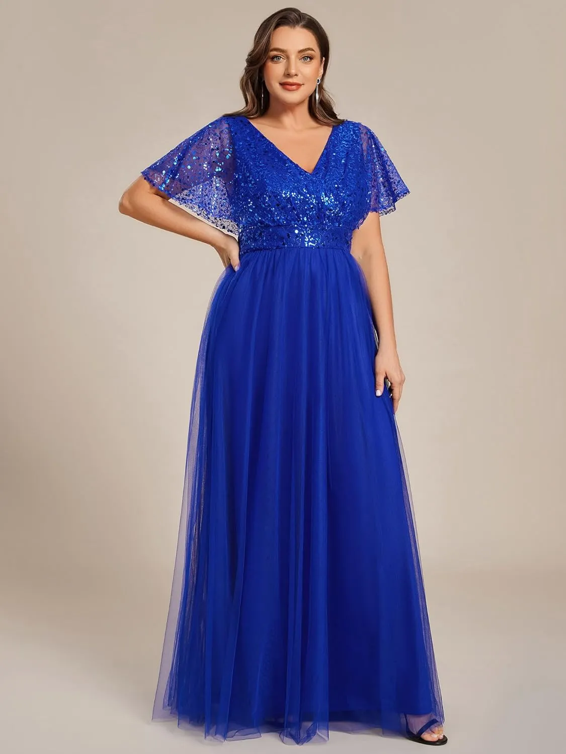 Ever-Pretty Plus Women's V Neck Curvy Short Sleeves A Line Sequin Plus Size Formal Evening Dresses 02223-DA