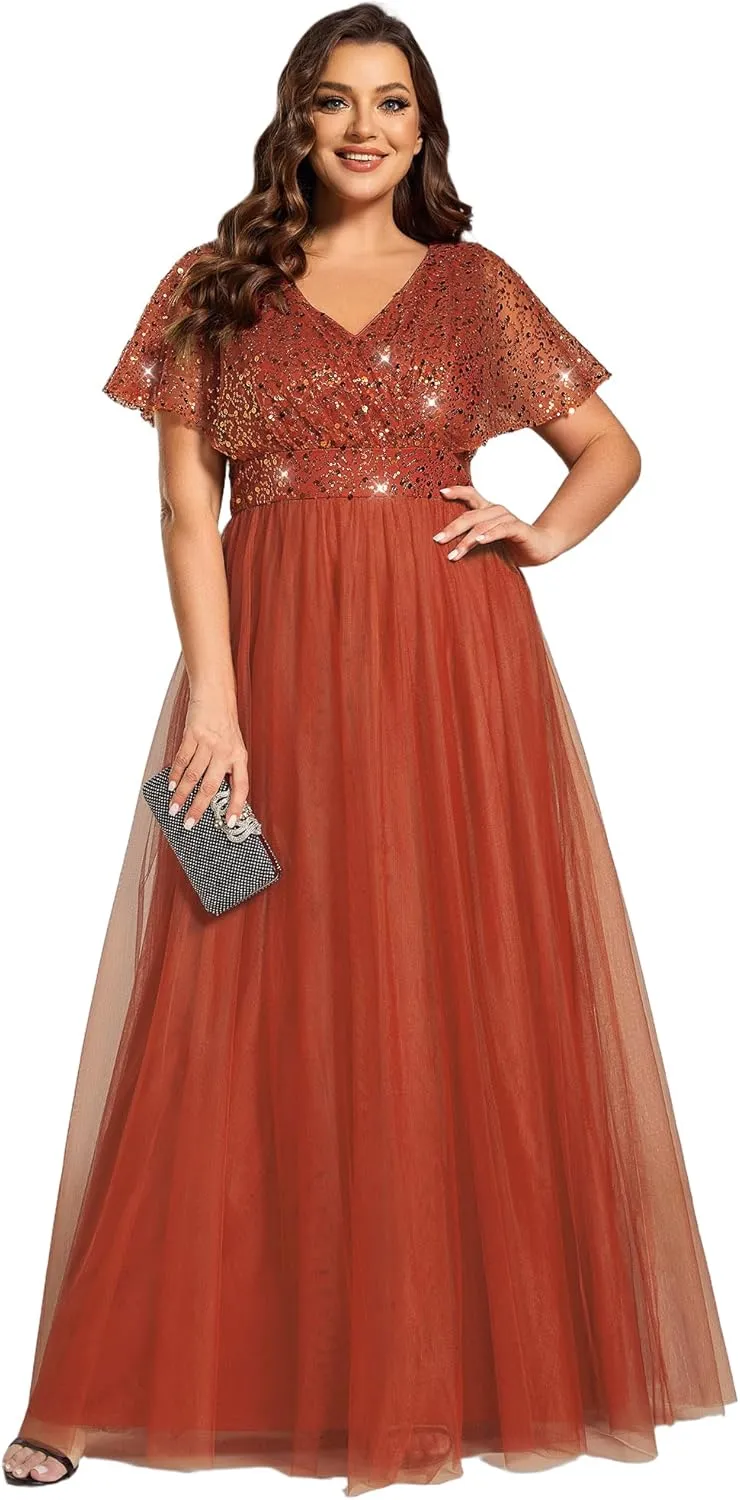 Ever-Pretty Plus Women's V Neck Curvy Short Sleeves A Line Sequin Plus Size Formal Evening Dresses 02223-DA
