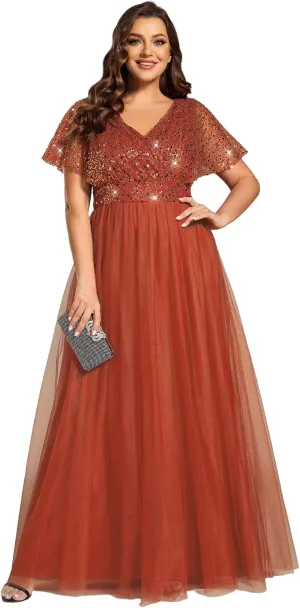 Ever-Pretty Plus Women's V Neck Curvy Short Sleeves A Line Sequin Plus Size Formal Evening Dresses 02223-DA