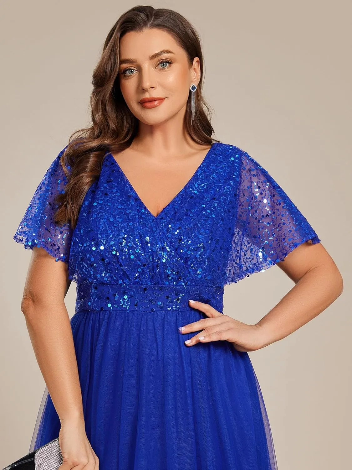 Ever-Pretty Plus Women's V Neck Curvy Short Sleeves A Line Sequin Plus Size Formal Evening Dresses 02223-DA