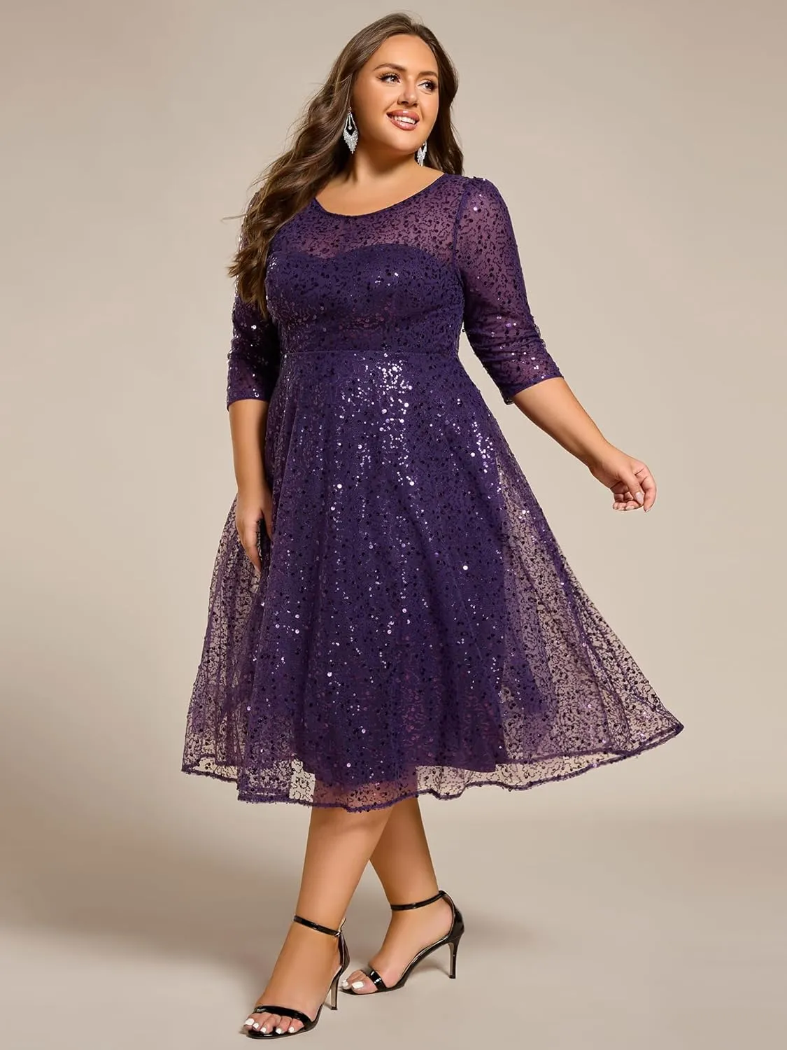Ever-Pretty Women's 3/4 Sleeves Sequin Empire Waist A Line Plus Size Midi Formal Cocktail Wedding Guest Dresses 02241-DA