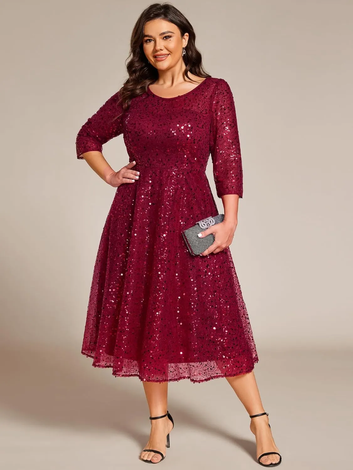 Ever-Pretty Women's 3/4 Sleeves Sequin Empire Waist A Line Plus Size Midi Formal Cocktail Wedding Guest Dresses 02241-DA