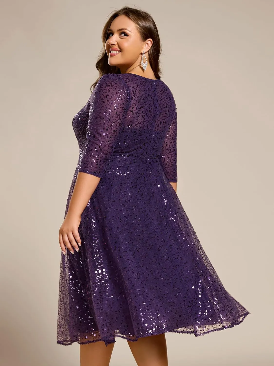 Ever-Pretty Women's 3/4 Sleeves Sequin Empire Waist A Line Plus Size Midi Formal Cocktail Wedding Guest Dresses 02241-DA