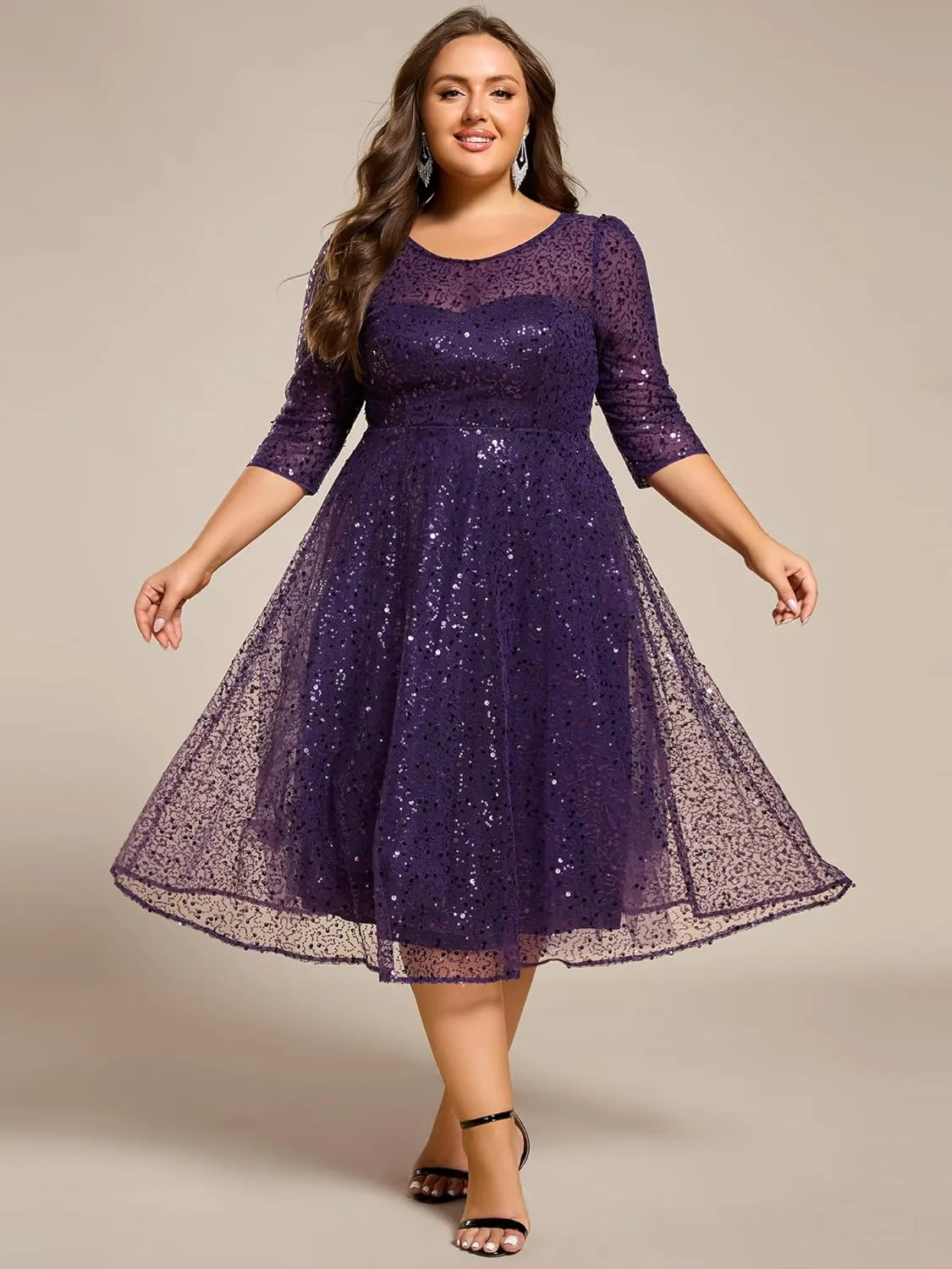 Ever-Pretty Women's 3/4 Sleeves Sequin Empire Waist A Line Plus Size Midi Formal Cocktail Wedding Guest Dresses 02241-DA