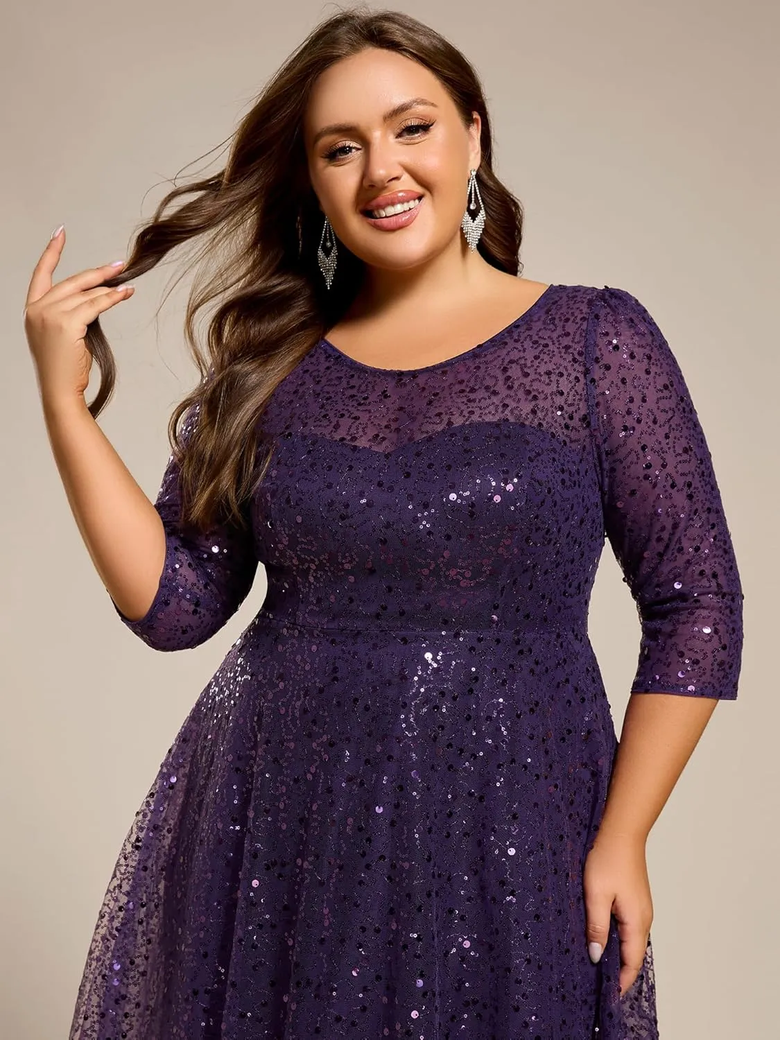 Ever-Pretty Women's 3/4 Sleeves Sequin Empire Waist A Line Plus Size Midi Formal Cocktail Wedding Guest Dresses 02241-DA