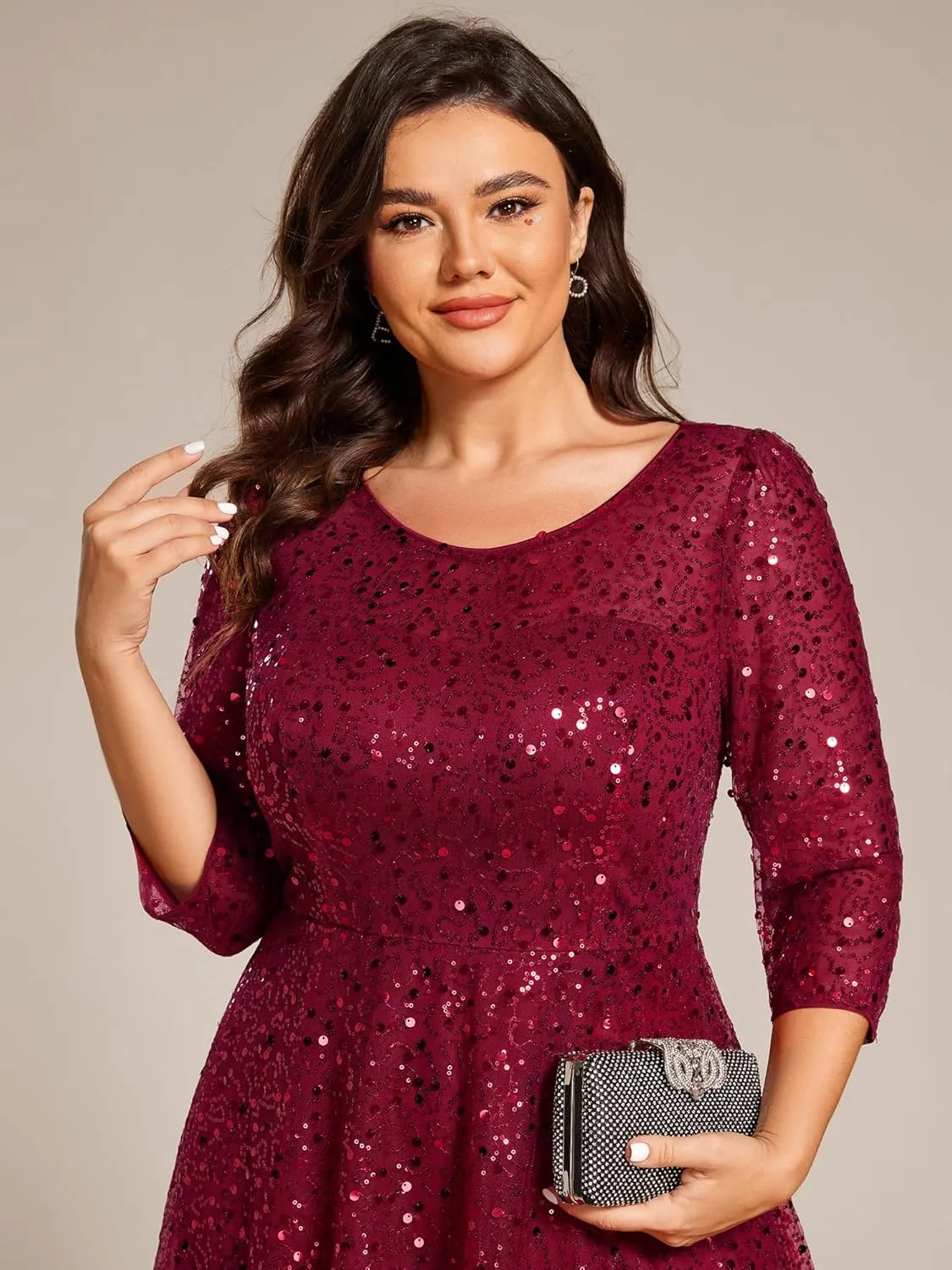Ever-Pretty Women's 3/4 Sleeves Sequin Empire Waist A Line Plus Size Midi Formal Cocktail Wedding Guest Dresses 02241-DA