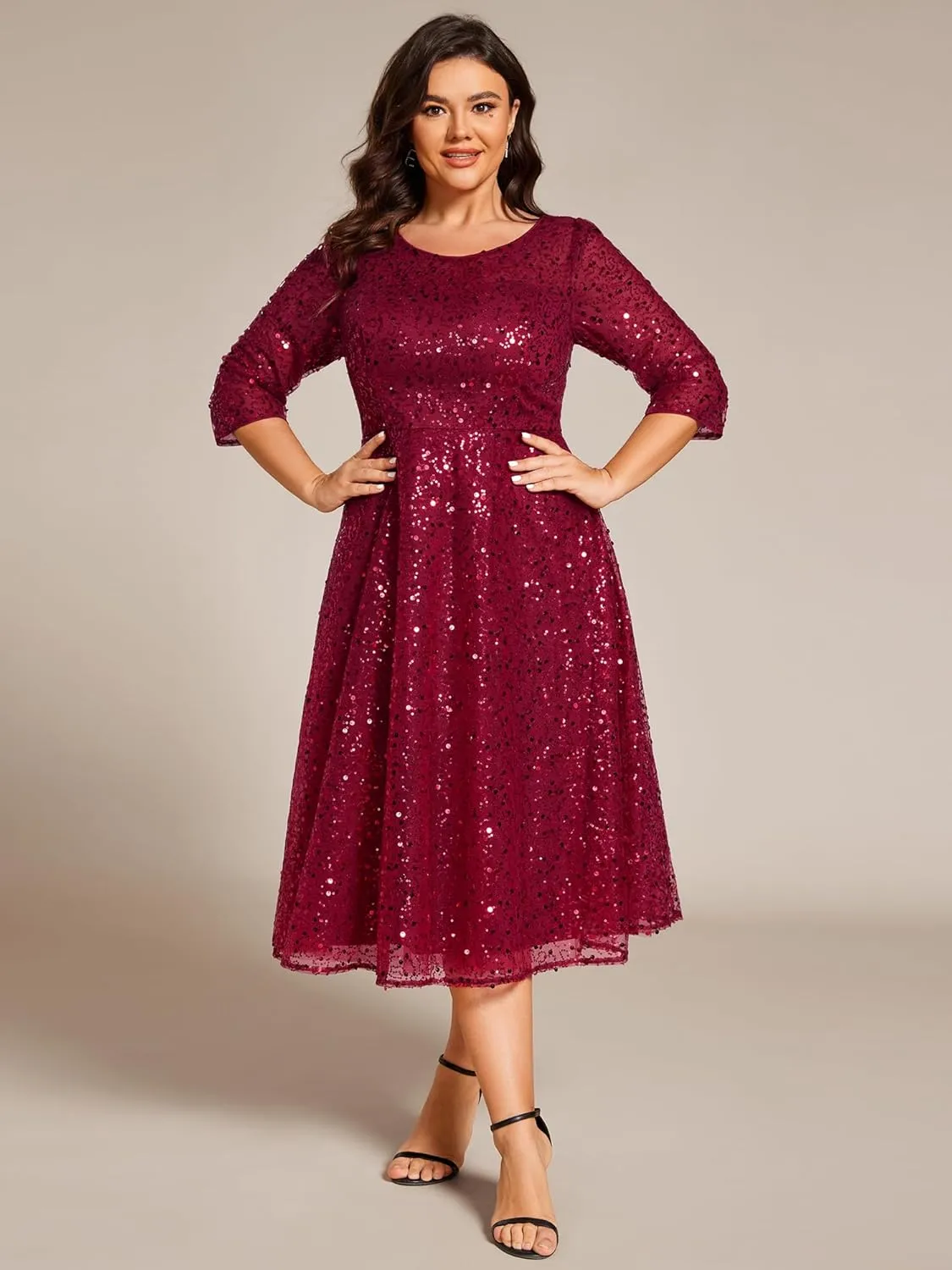 Ever-Pretty Women's 3/4 Sleeves Sequin Empire Waist A Line Plus Size Midi Formal Cocktail Wedding Guest Dresses 02241-DA