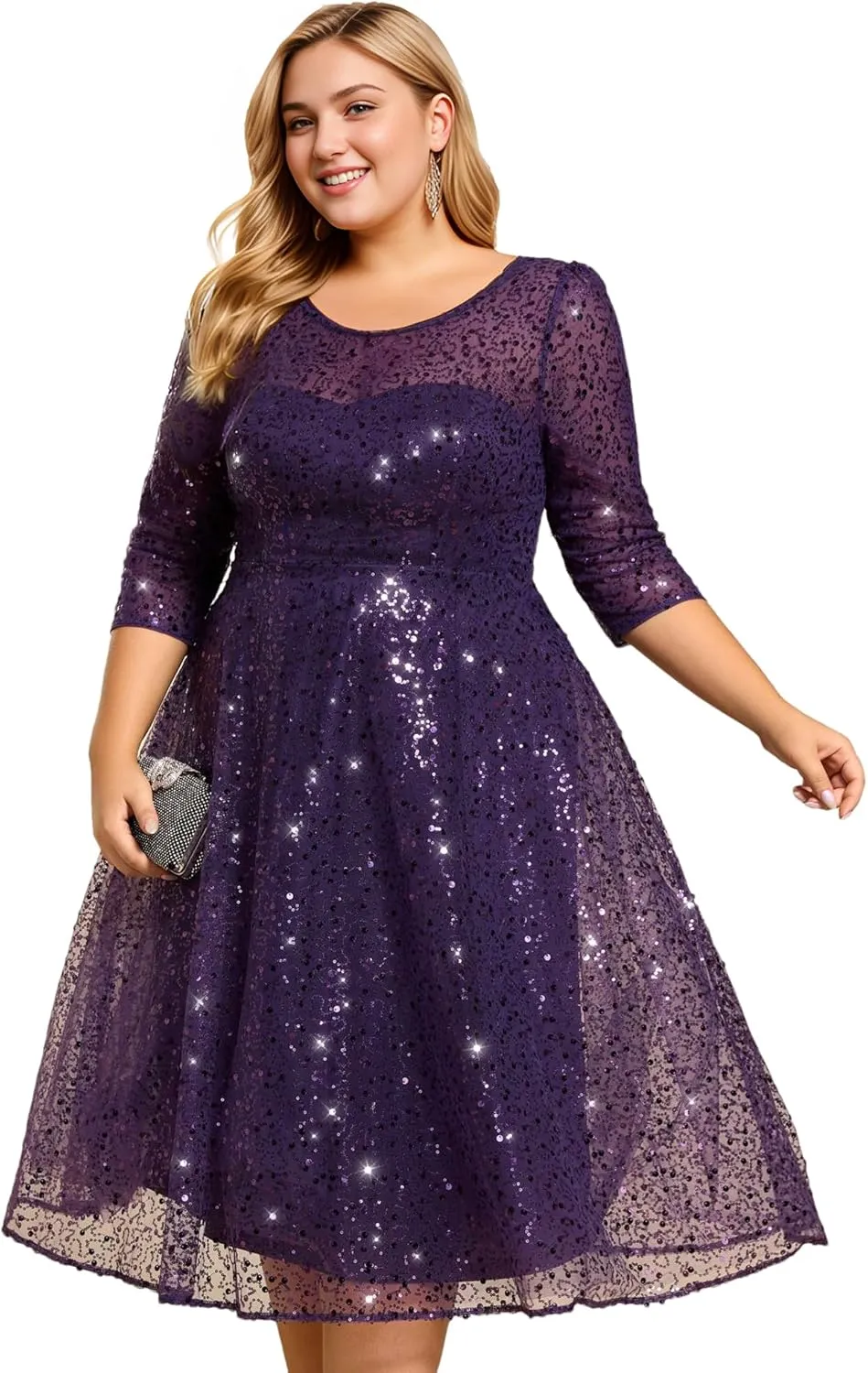 Ever-Pretty Women's 3/4 Sleeves Sequin Empire Waist A Line Plus Size Midi Formal Cocktail Wedding Guest Dresses 02241-DA
