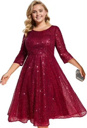 Ever-Pretty Women's 3/4 Sleeves Sequin Empire Waist A Line Plus Size Midi Formal Cocktail Wedding Guest Dresses 02241-DA