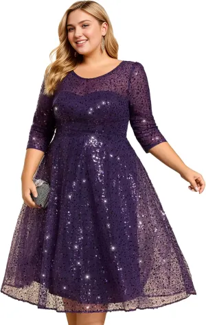 Ever-Pretty Women's 3/4 Sleeves Sequin Empire Waist A Line Plus Size Midi Formal Cocktail Wedding Guest Dresses 02241-DA
