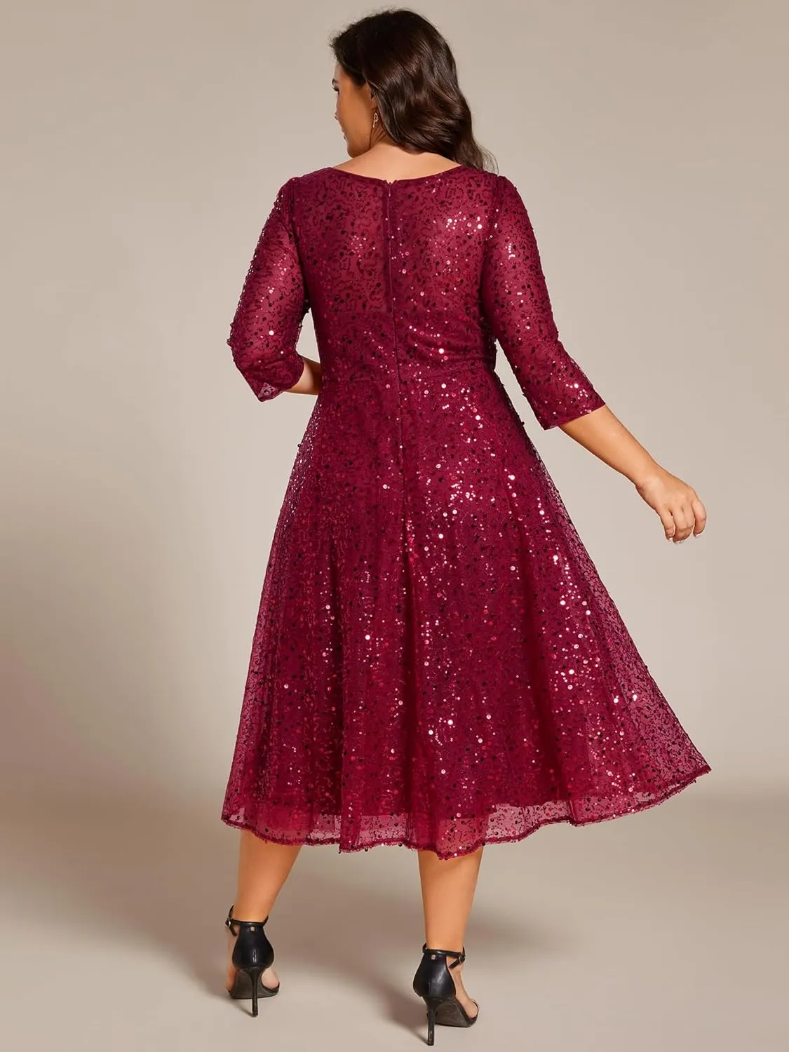 Ever-Pretty Women's 3/4 Sleeves Sequin Empire Waist A Line Plus Size Midi Formal Cocktail Wedding Guest Dresses 02241-DA