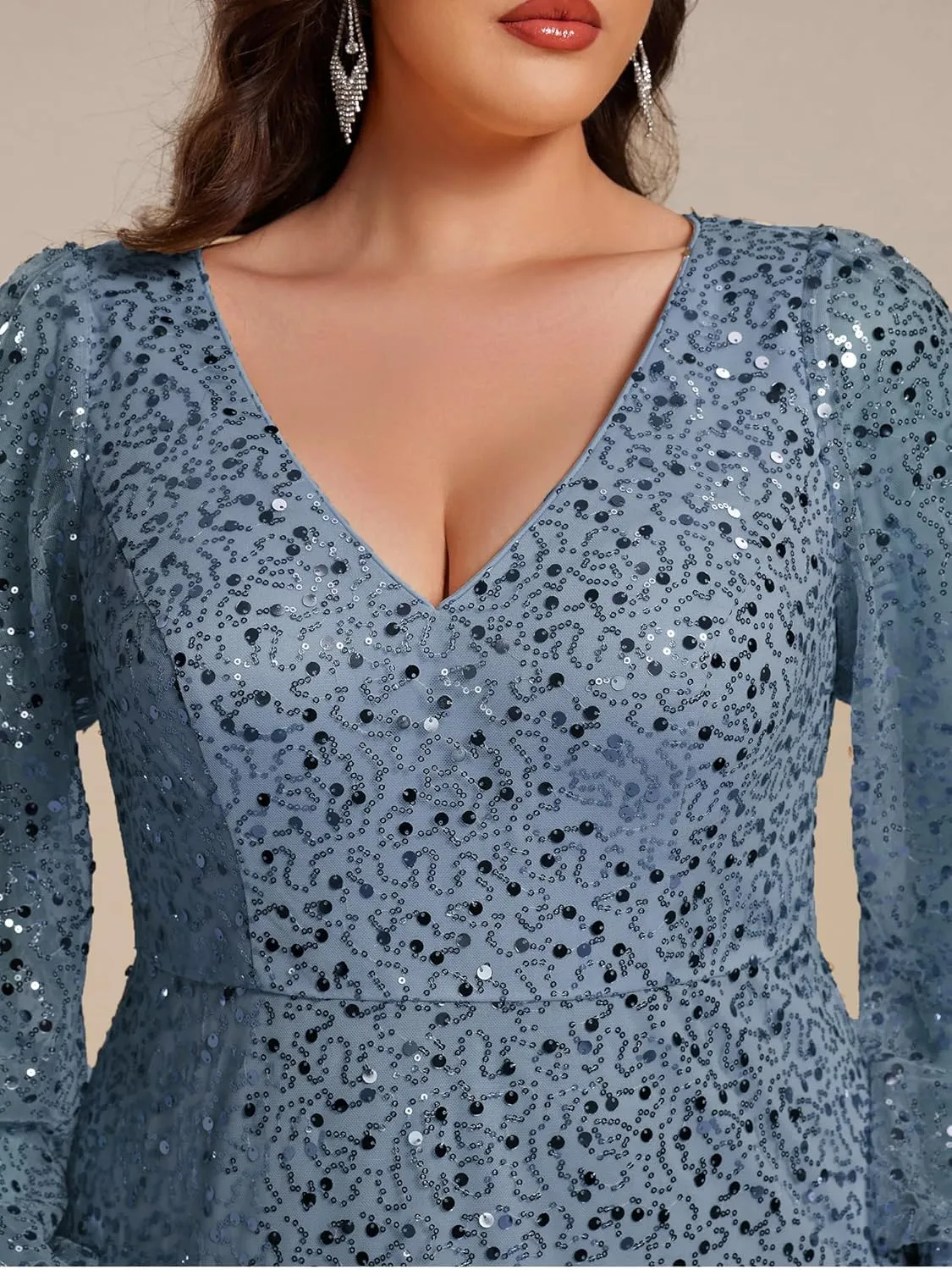 Ever-Pretty Women's A-Line V Neck Sheer Long Sleeves Plus Size Sequin Formal Dress 01999-DA