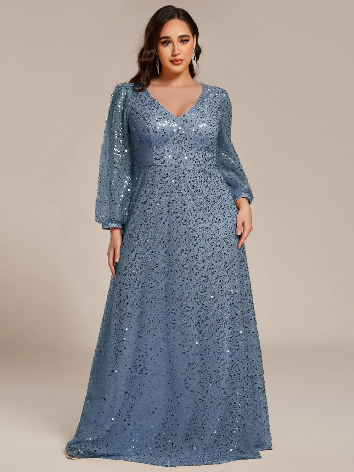 Ever-Pretty Women's A-Line V Neck Sheer Long Sleeves Plus Size Sequin Formal Dress 01999-DA