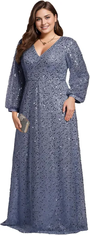 Ever-Pretty Women's A-Line V Neck Sheer Long Sleeves Plus Size Sequin Formal Dress 01999-DA