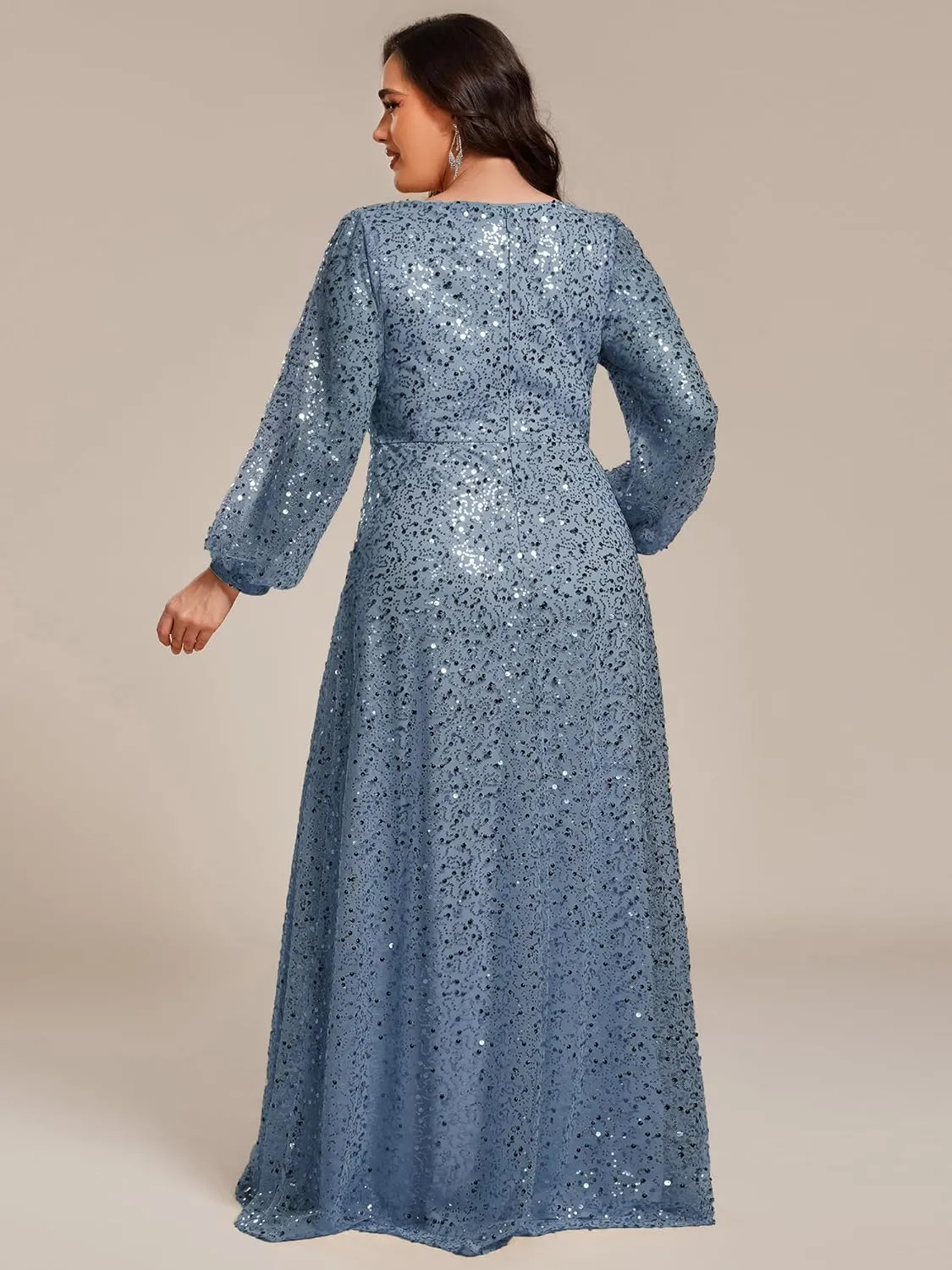 Ever-Pretty Women's A-Line V Neck Sheer Long Sleeves Plus Size Sequin Formal Dress 01999-DA