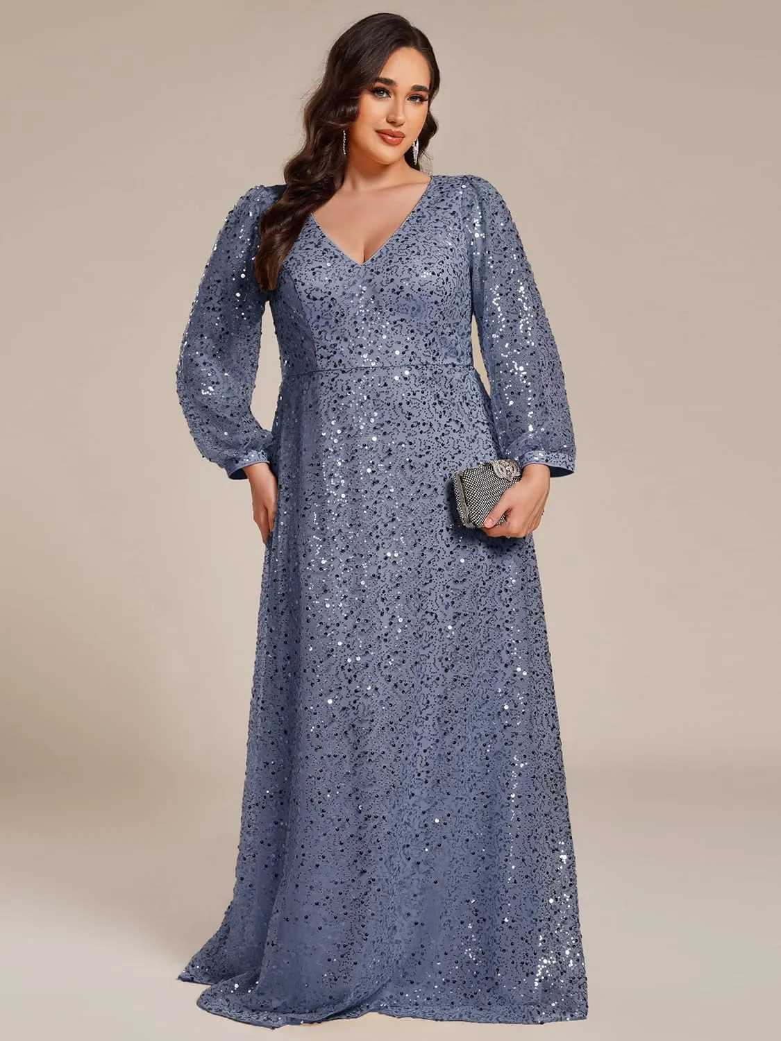 Ever-Pretty Women's A-Line V Neck Sheer Long Sleeves Plus Size Sequin Formal Dress 01999-DA