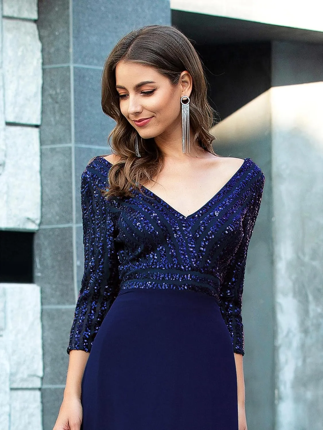 Ever-Pretty Women's Elegant Formal Dress V-Neck Long Sleeve Sequin Maxi Chiffon Evening Dresses 00751