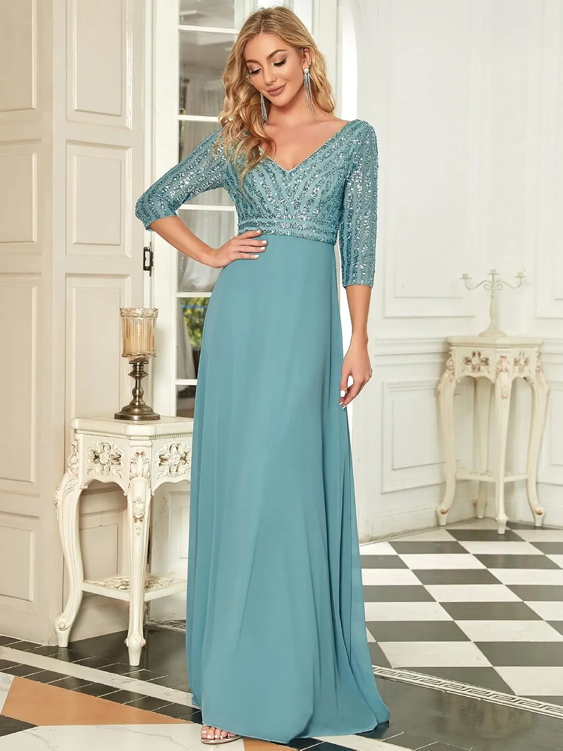 Ever-Pretty Women's Elegant Formal Dress V-Neck Long Sleeve Sequin Maxi Chiffon Evening Dresses 00751