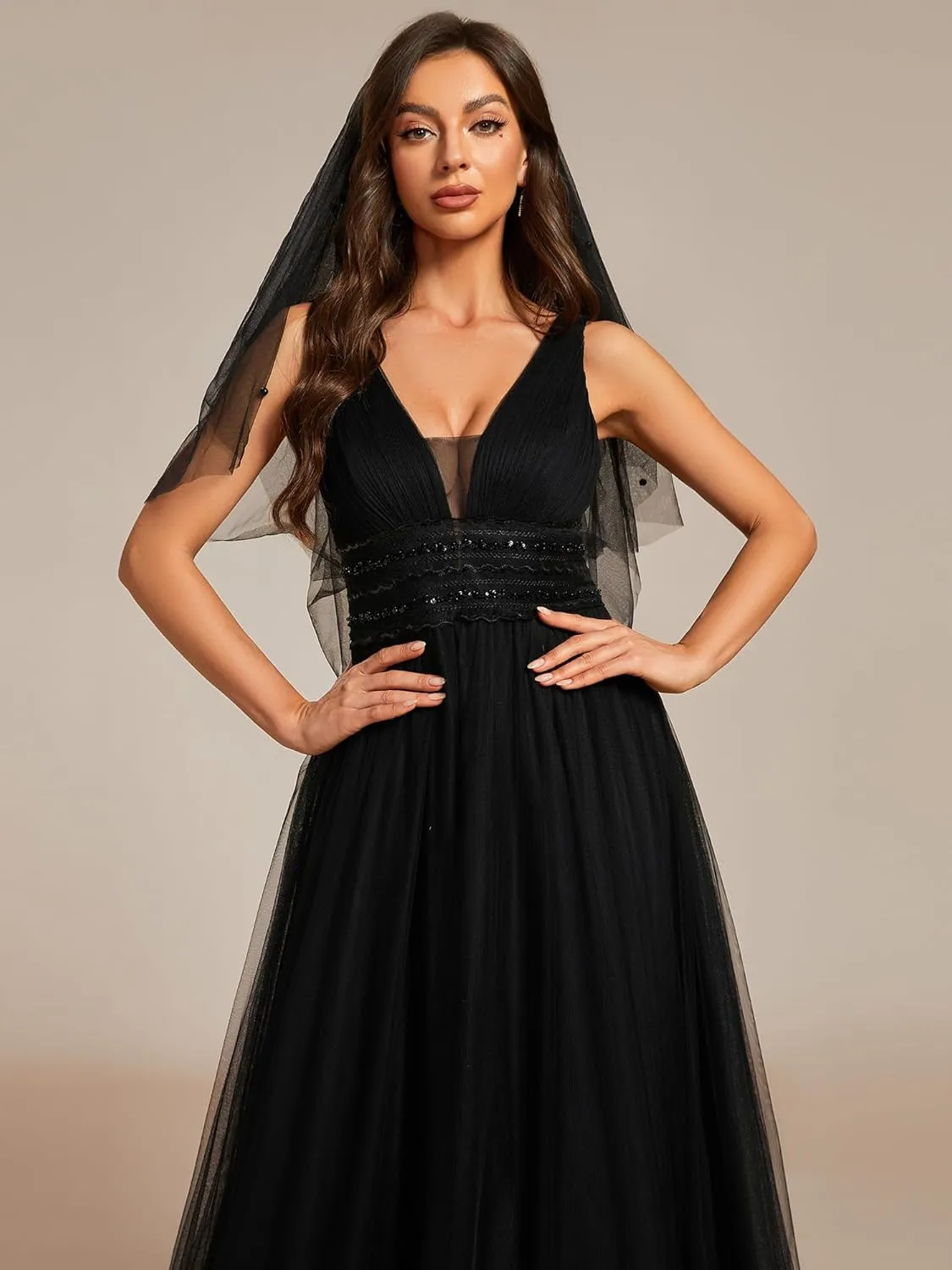 Ever-Pretty Women's Elegant V-Neck Sleeveless Tulle Ruched A-Line Casual Wedding Dresses for Bride 0096A
