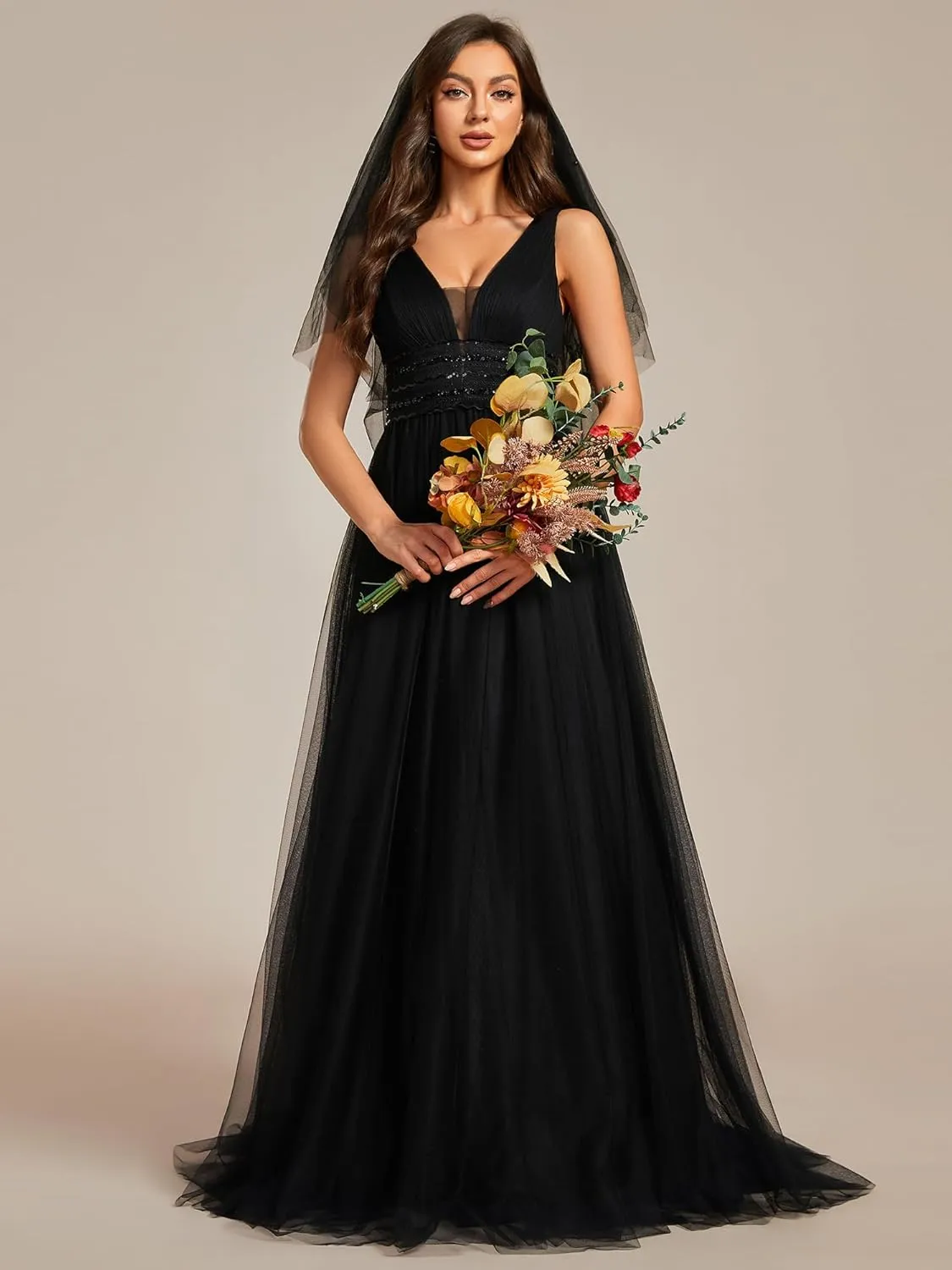Ever-Pretty Women's Elegant V-Neck Sleeveless Tulle Ruched A-Line Casual Wedding Dresses for Bride 0096A