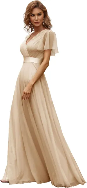 Ever-Pretty Women's Mother of Bride Dress Double V-Neck Empire Waist Front Wrap Tulle Bridesmaid Dress 07962