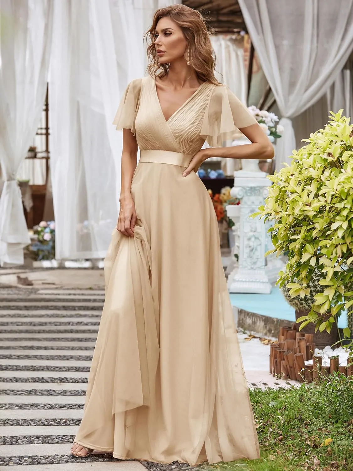 Ever-Pretty Women's Mother of Bride Dress Double V-Neck Empire Waist Front Wrap Tulle Bridesmaid Dress 07962