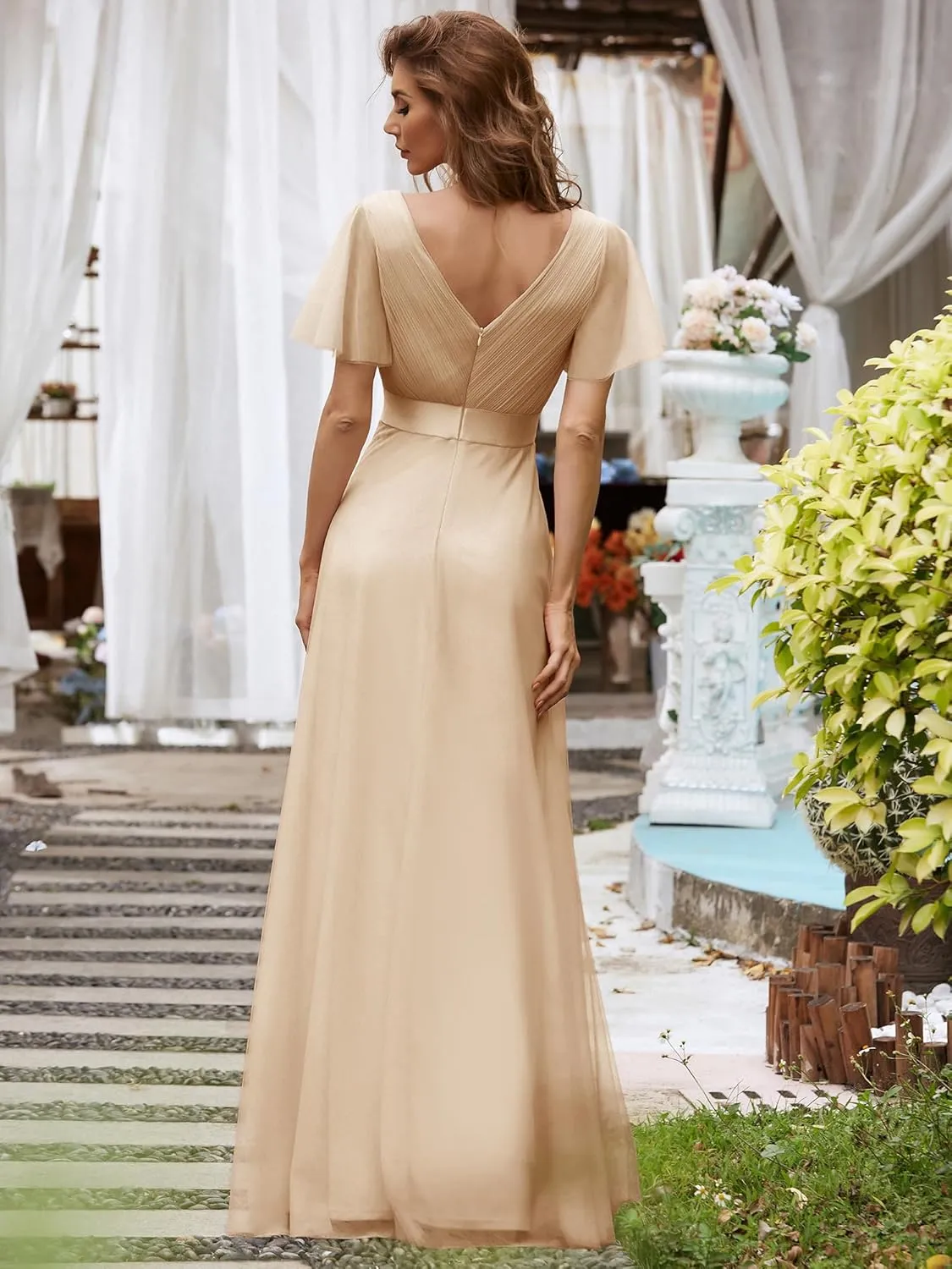 Ever-Pretty Women's Mother of Bride Dress Double V-Neck Empire Waist Front Wrap Tulle Bridesmaid Dress 07962