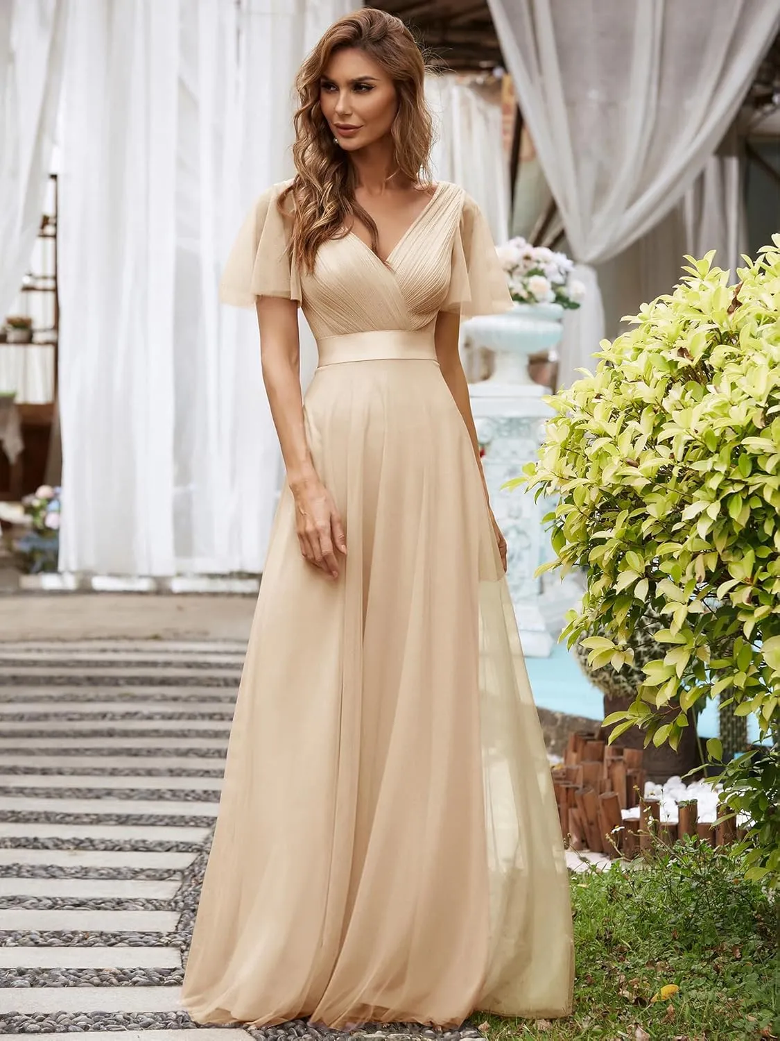 Ever-Pretty Women's Mother of Bride Dress Double V-Neck Empire Waist Front Wrap Tulle Bridesmaid Dress 07962