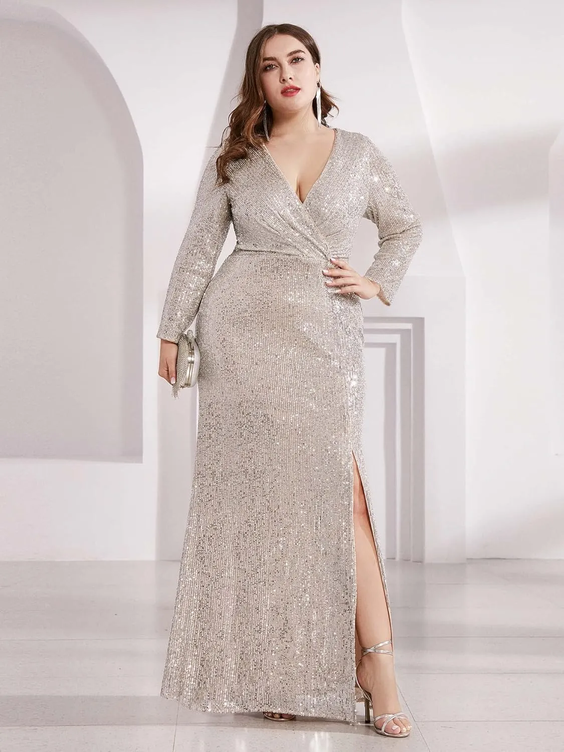 Ever-Pretty Women's Plus Size Long Sleeve Slit Sequin Maxi Evening Dresses 0824-PZUSA