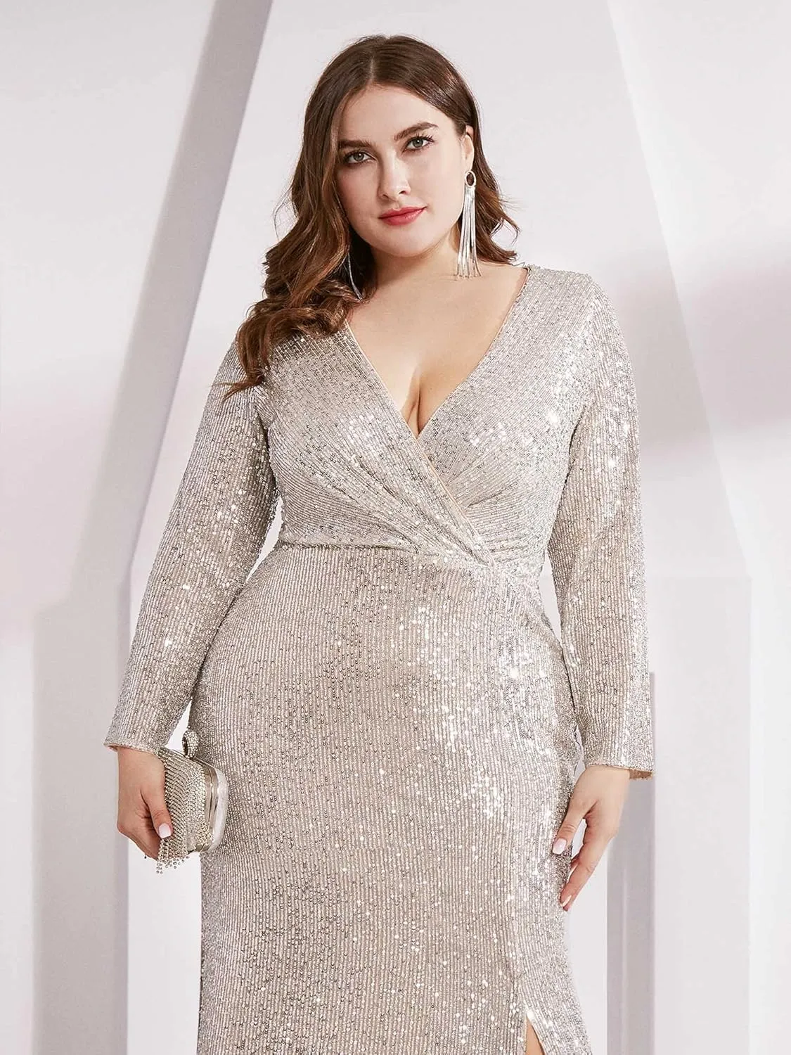 Ever-Pretty Women's Plus Size Long Sleeve Slit Sequin Maxi Evening Dresses 0824-PZUSA