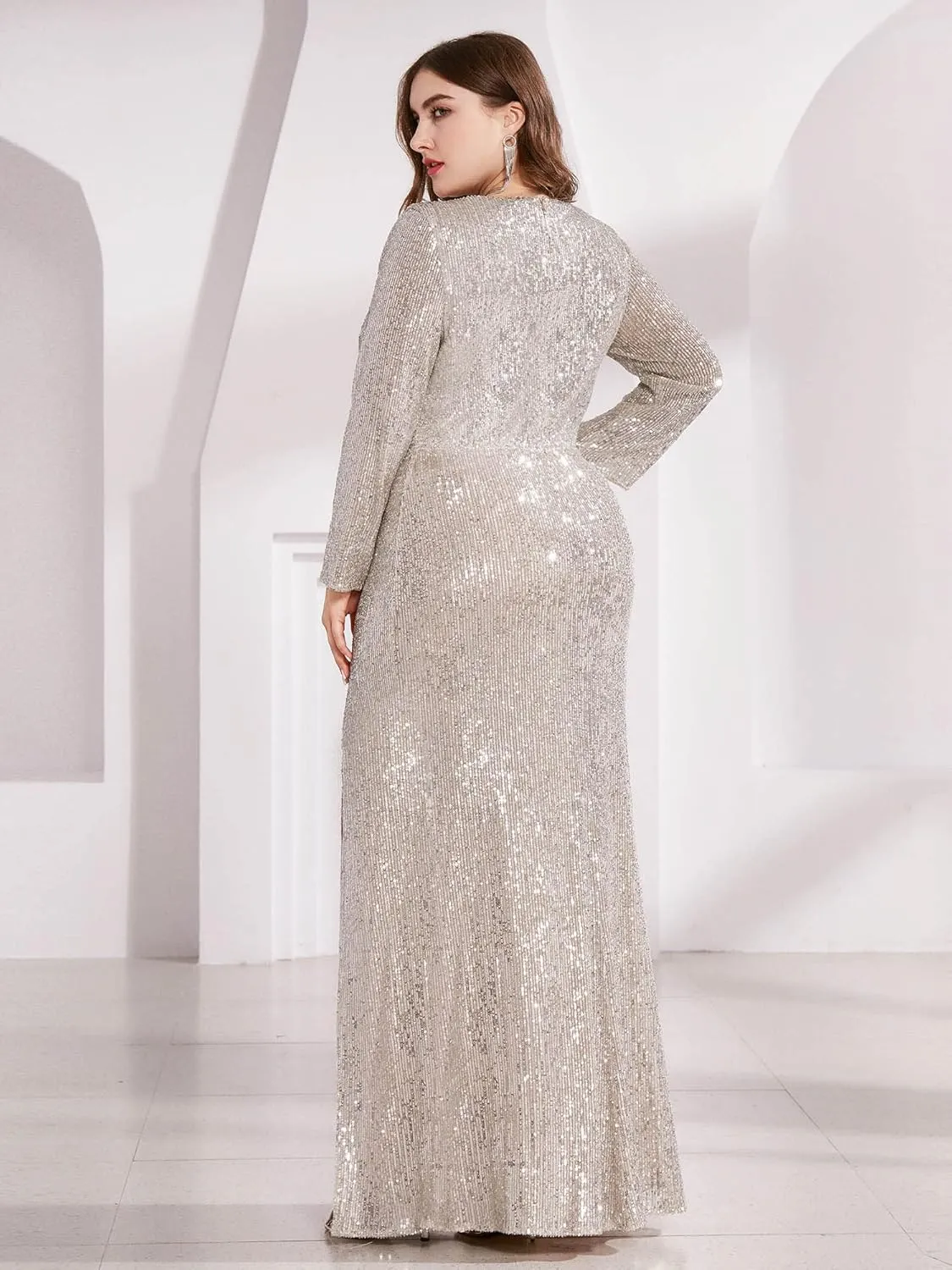Ever-Pretty Women's Plus Size Long Sleeve Slit Sequin Maxi Evening Dresses 0824-PZUSA