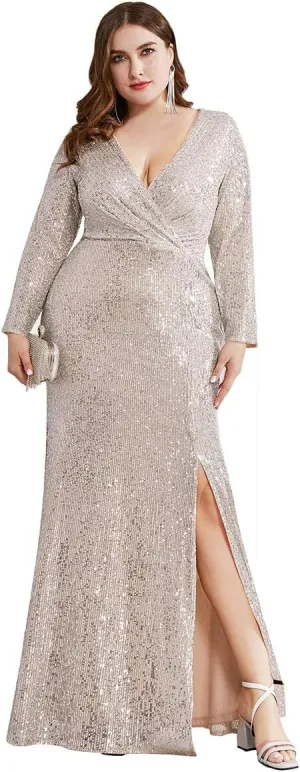 Ever-Pretty Women's Plus Size Long Sleeve Slit Sequin Maxi Evening Dresses 0824-PZUSA