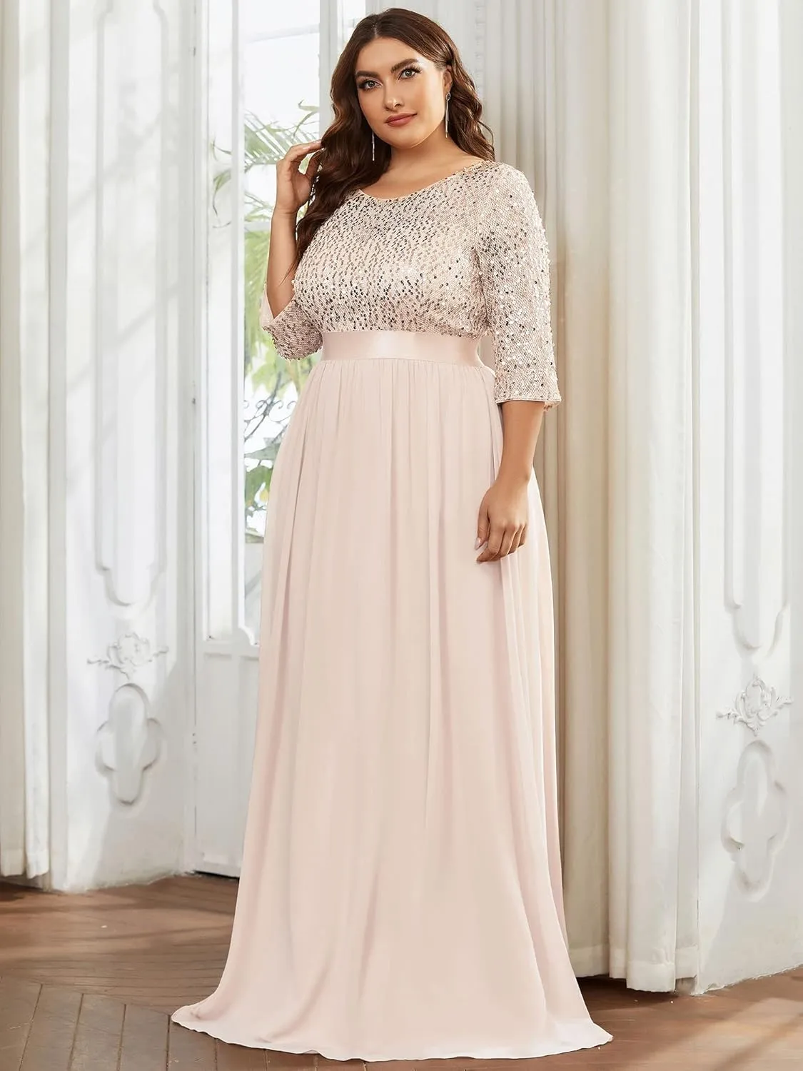 Ever-Pretty Women's Round Neck Maxi Dresses Sequin Plus Size Formal Dresses for Women 0683-PZ