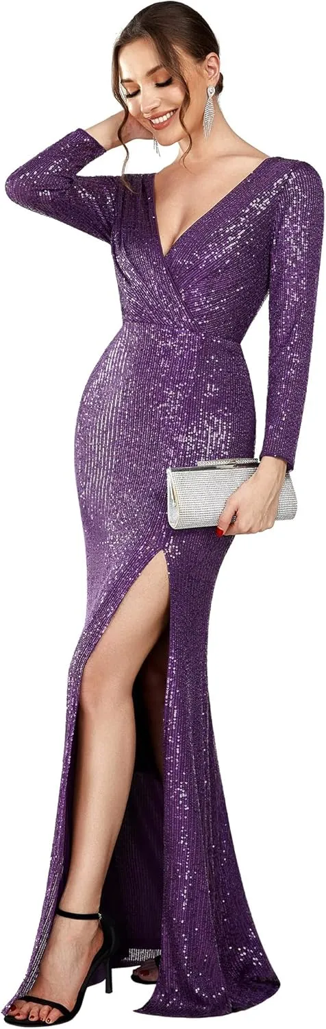 Ever-Pretty Womens Sequin Evening Dress Long Sleeves Side Split Floor-Length Formal Gowns 00824
