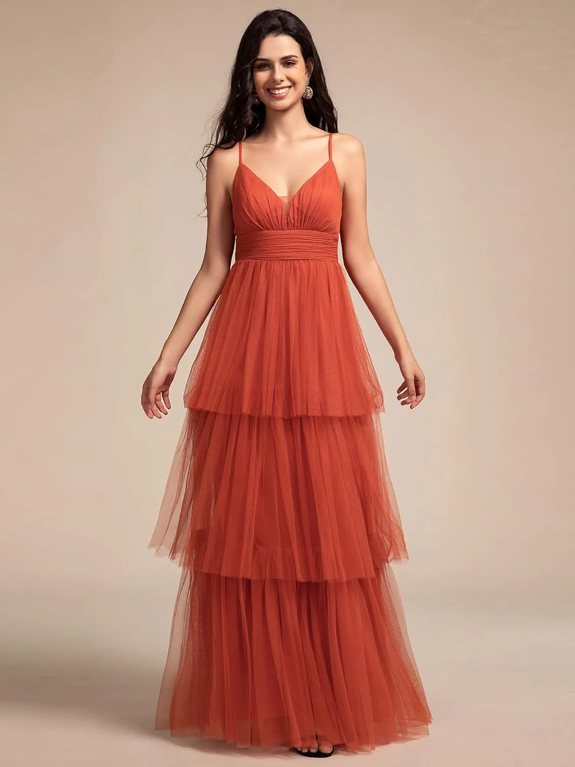 Ever-Pretty Women's Sexy V Neck Spaghetti Straps Empire Waist Pleated Layered Tulle Bridesmaid Dresses 02219