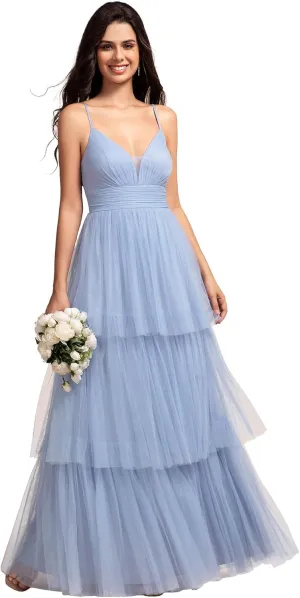 Ever-Pretty Women's Sexy V Neck Spaghetti Straps Empire Waist Pleated Layered Tulle Bridesmaid Dresses 02219