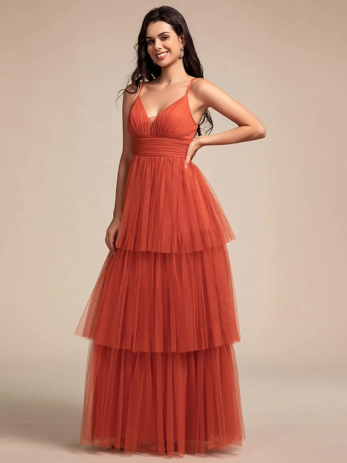 Ever-Pretty Women's Sexy V Neck Spaghetti Straps Empire Waist Pleated Layered Tulle Bridesmaid Dresses 02219