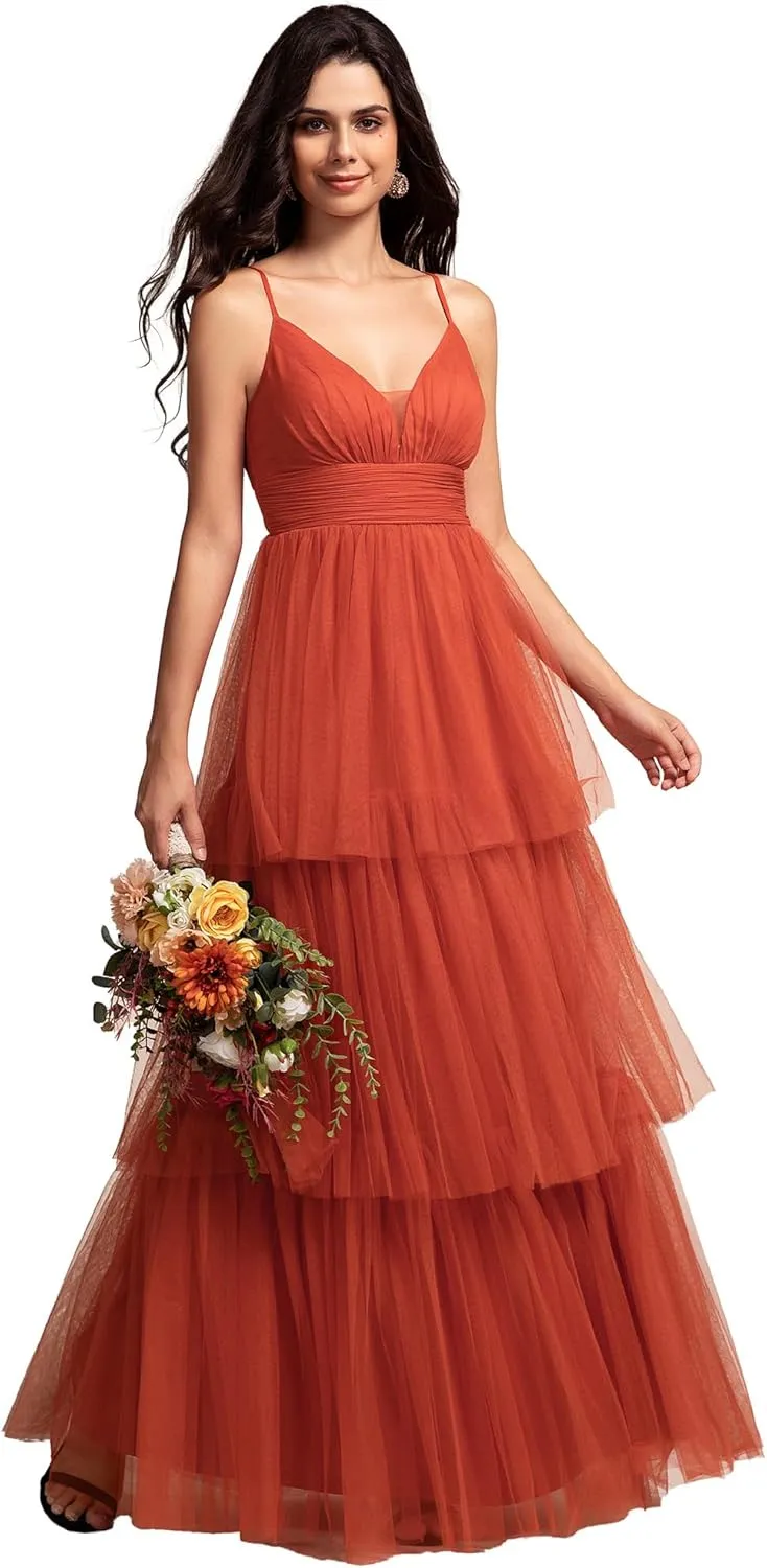 Ever-Pretty Women's Sexy V Neck Spaghetti Straps Empire Waist Pleated Layered Tulle Bridesmaid Dresses 02219