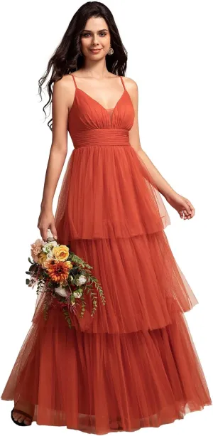 Ever-Pretty Women's Sexy V Neck Spaghetti Straps Empire Waist Pleated Layered Tulle Bridesmaid Dresses 02219