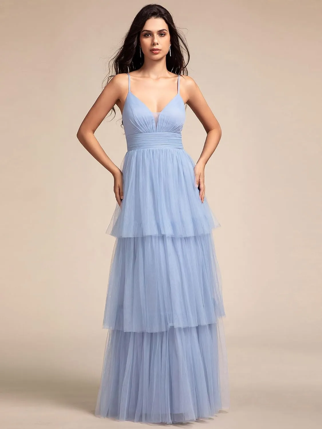 Ever-Pretty Women's Sexy V Neck Spaghetti Straps Empire Waist Pleated Layered Tulle Bridesmaid Dresses 02219