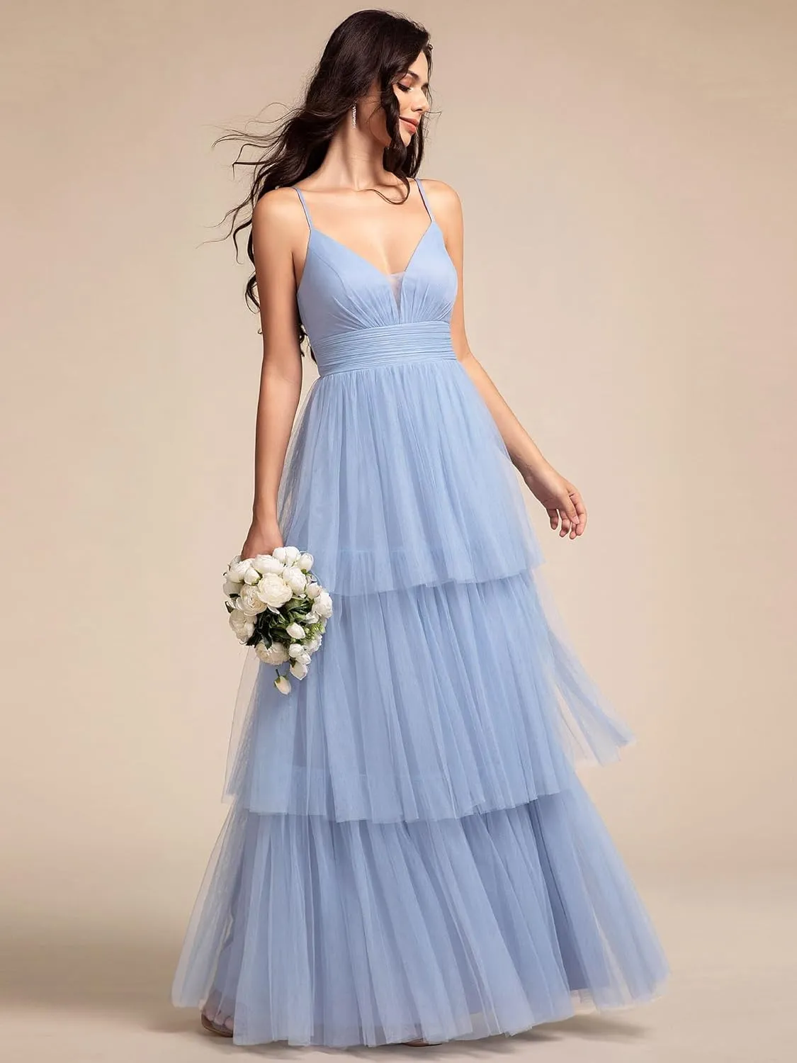 Ever-Pretty Women's Sexy V Neck Spaghetti Straps Empire Waist Pleated Layered Tulle Bridesmaid Dresses 02219