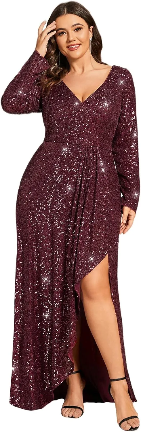 Ever-Pretty Women's V-Neck A-Line Pleated Long Sleeves Floor Length Plus Size Sequin Dress Formal Evening Gowns 50146-DA