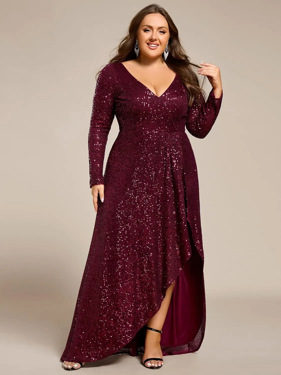 Ever-Pretty Women's V-Neck A-Line Pleated Long Sleeves Floor Length Plus Size Sequin Dress Formal Evening Gowns 50146-DA