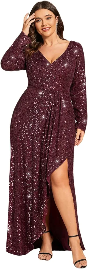 Ever-Pretty Women's V-Neck A-Line Pleated Long Sleeves Floor Length Plus Size Sequin Dress Formal Evening Gowns 50146-DA