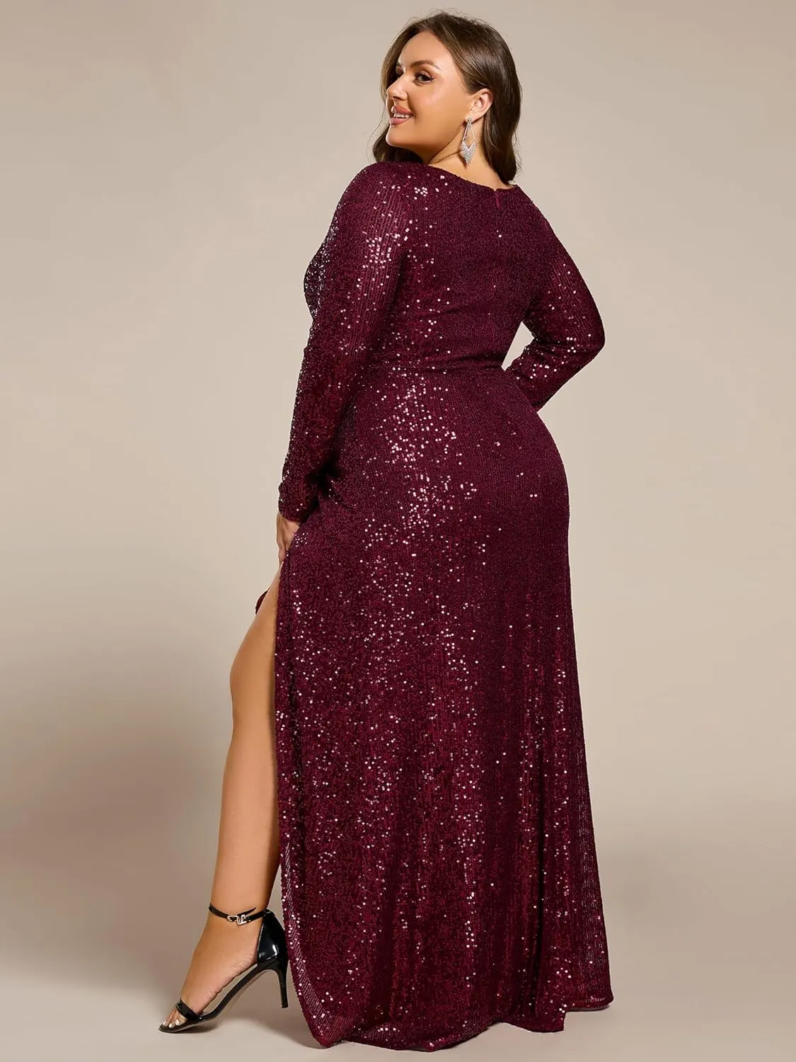 Ever-Pretty Women's V-Neck A-Line Pleated Long Sleeves Floor Length Plus Size Sequin Dress Formal Evening Gowns 50146-DA