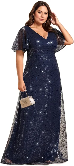 Ever-Pretty Women's V Neck Sequin Short Sleeves A Line Ball Gown Plus Size Formal Evening Dresses